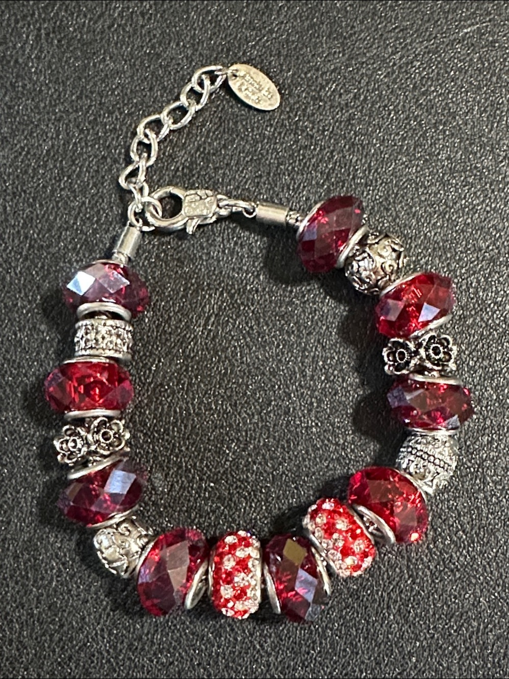 Charmed Links Red Faceted Crystal Silver Tone Snake Chain Charm Bracelet